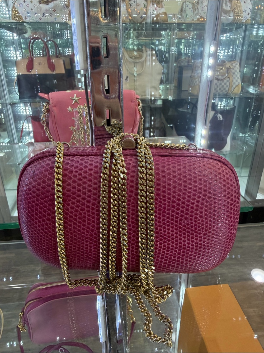 Bally Fuchsia Textured Leather Chain Crossbody Bag